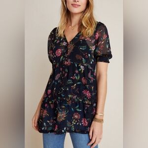 ANTHROPOLOGIE Salzburg Sheer Floral Button Front Black Blouse / Tunic si…